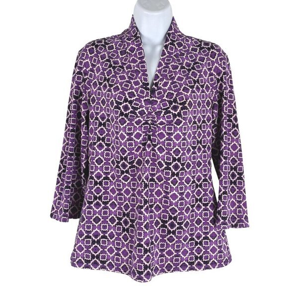 J. McLaughlin Top Medium Catalina Cloth Printed Purple‎ V-Neck Ruched TP-2558 - Picture 1 of 7
